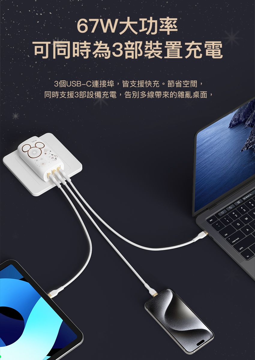 67大功率可同時為3部裝置充電3個USB埠,皆支援快充。節省空間,同時支援3部設備充電,告別多線帶來的雜亂桌面,caps 1W