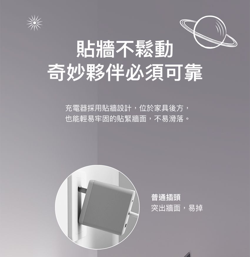 貼牆不鬆動奇妙夥伴必須可靠充電器採用貼牆設計,位於家具後方,也能輕易牢固的貼緊牆面,不易滑落。普通插頭突出牆面,易掉