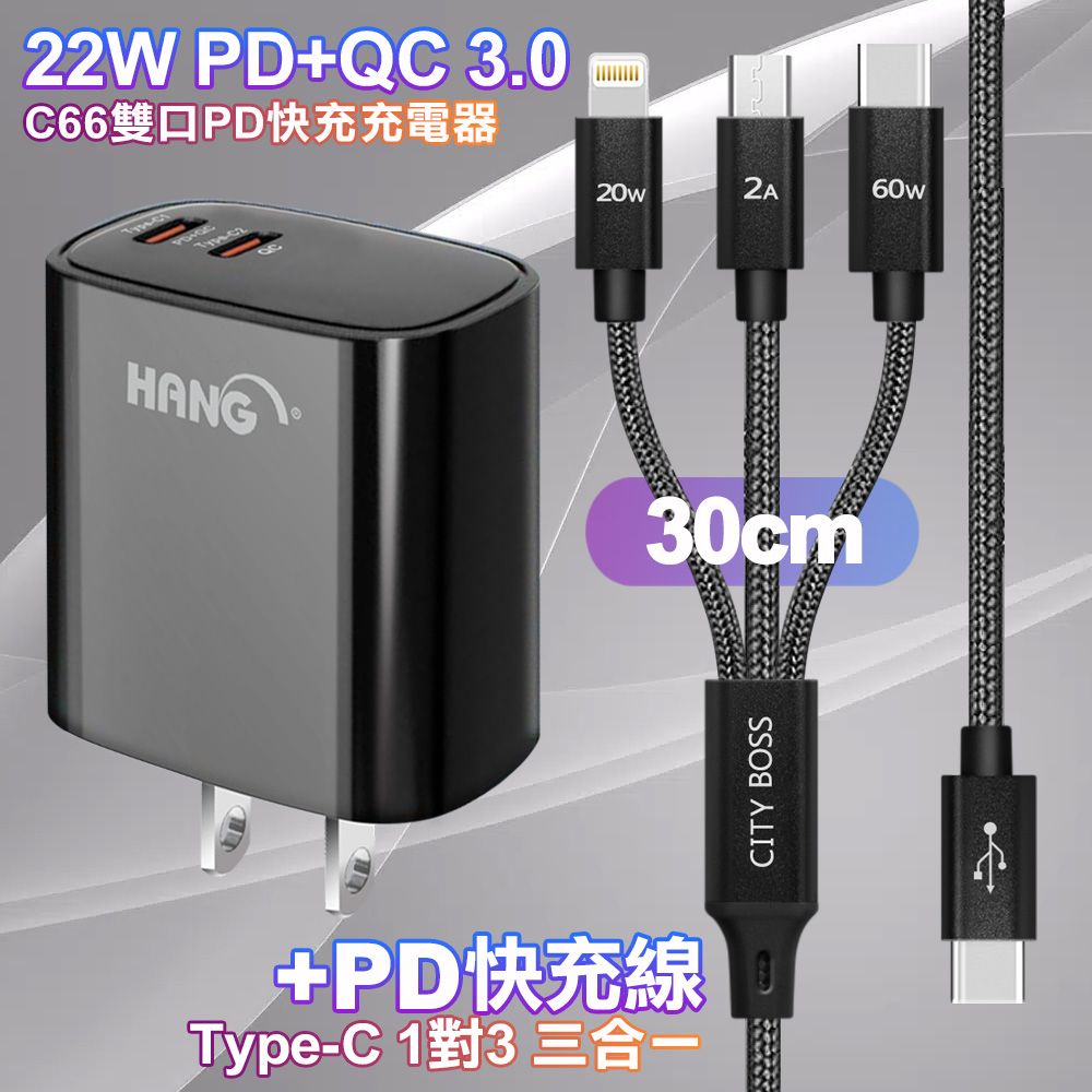 HANG  C66黑 22W 雙Type-C輸出充電器