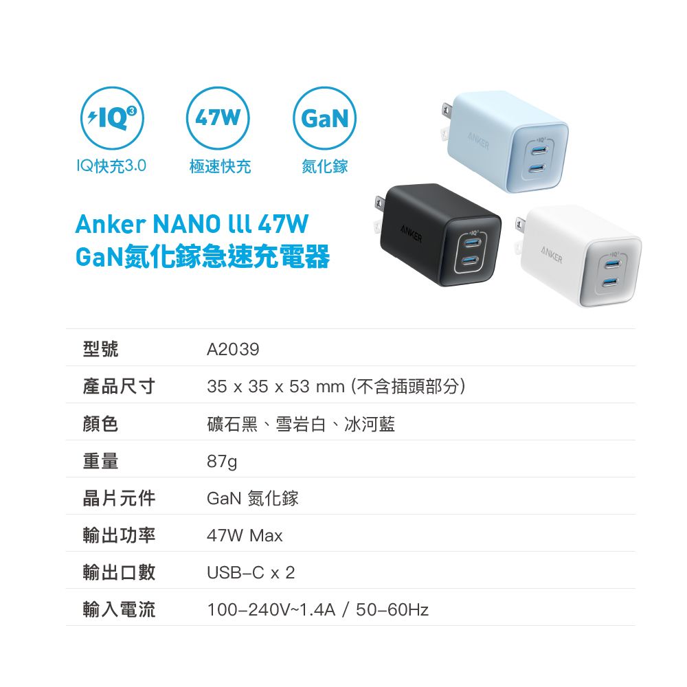 ANKER  A2039 523 Charger (Nano3,47W) 電源供應器 |原廠公司貨