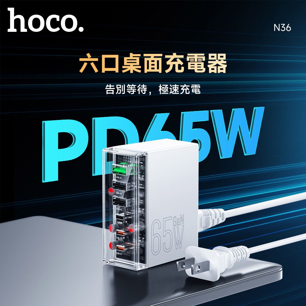  hoco浩酷 PD65W 工業風六口桌上型充電器 (3USB-C+3USB-A)