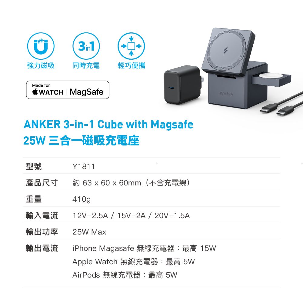 強力磁吸同時充電輕巧便攜Made forWATCH MagSafeANKER 3-in-1 Cube with Magsafe25W 三合一磁吸充電座型號Y1811產品尺寸  63 x 60 x 60mm(不含充電線)重量410g輸入電流12V2.5A/15V2A/20V=1.5A輸出功率25W Max輸出電流iPhone Magasafe 無線充電器:最高 15WApple Watch 無線充電器:最高 5WAirPods 無線充電器:最高 5WANKER