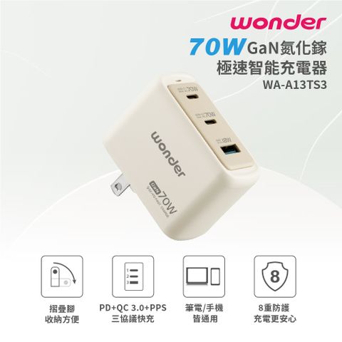 WONDER 70W GaN氮化鎵極速智能充電器 WA-A13TS3  