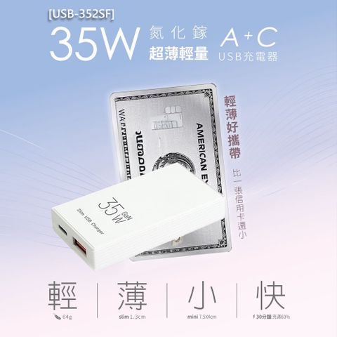 【NDr.AV】35W氮化鎵超薄A+C USB充電器(USB-352SF)