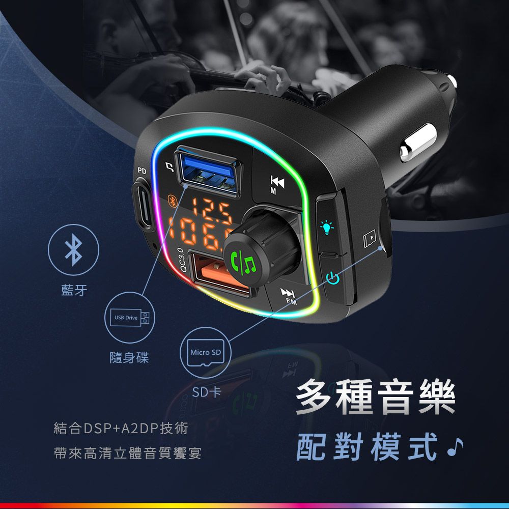 SONGWIN 尚之宇  36W藍牙免持車用播放器/雙USB車充-手機音樂撥放器(PD+QC3.0)