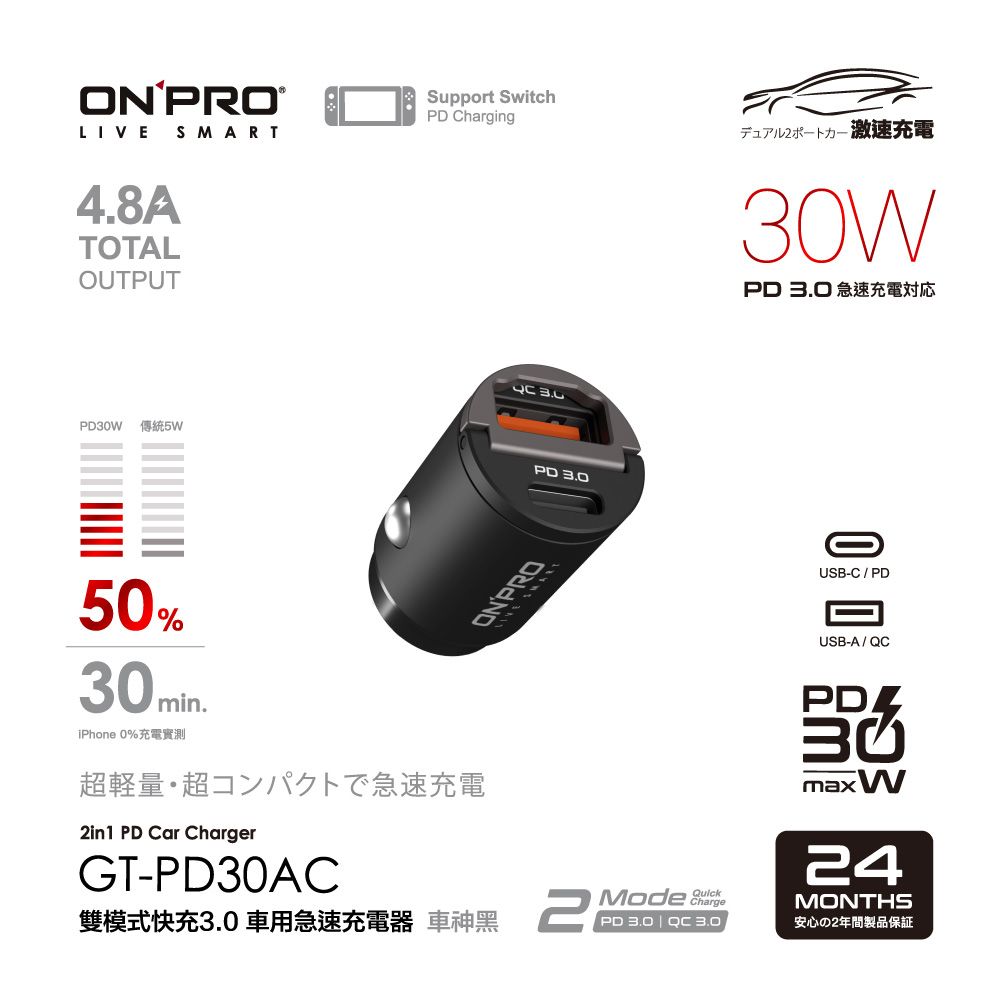 ONPRO  GT-PD30AC 30W 隱藏式雙模式車用PD快充充電器