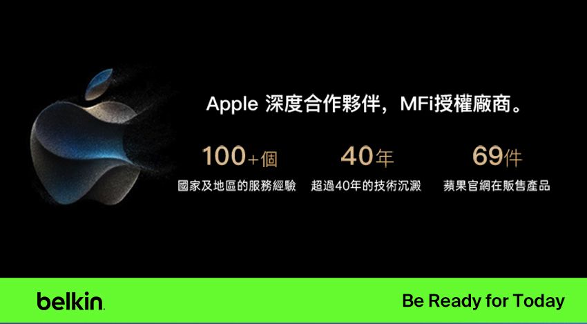 belkinApple 深度合作夥伴,MFi授權廠商。100+個40年國家及地區的服務經驗 超過40年的技術沉澱 蘋果官網在販售產品Be Ready for Today