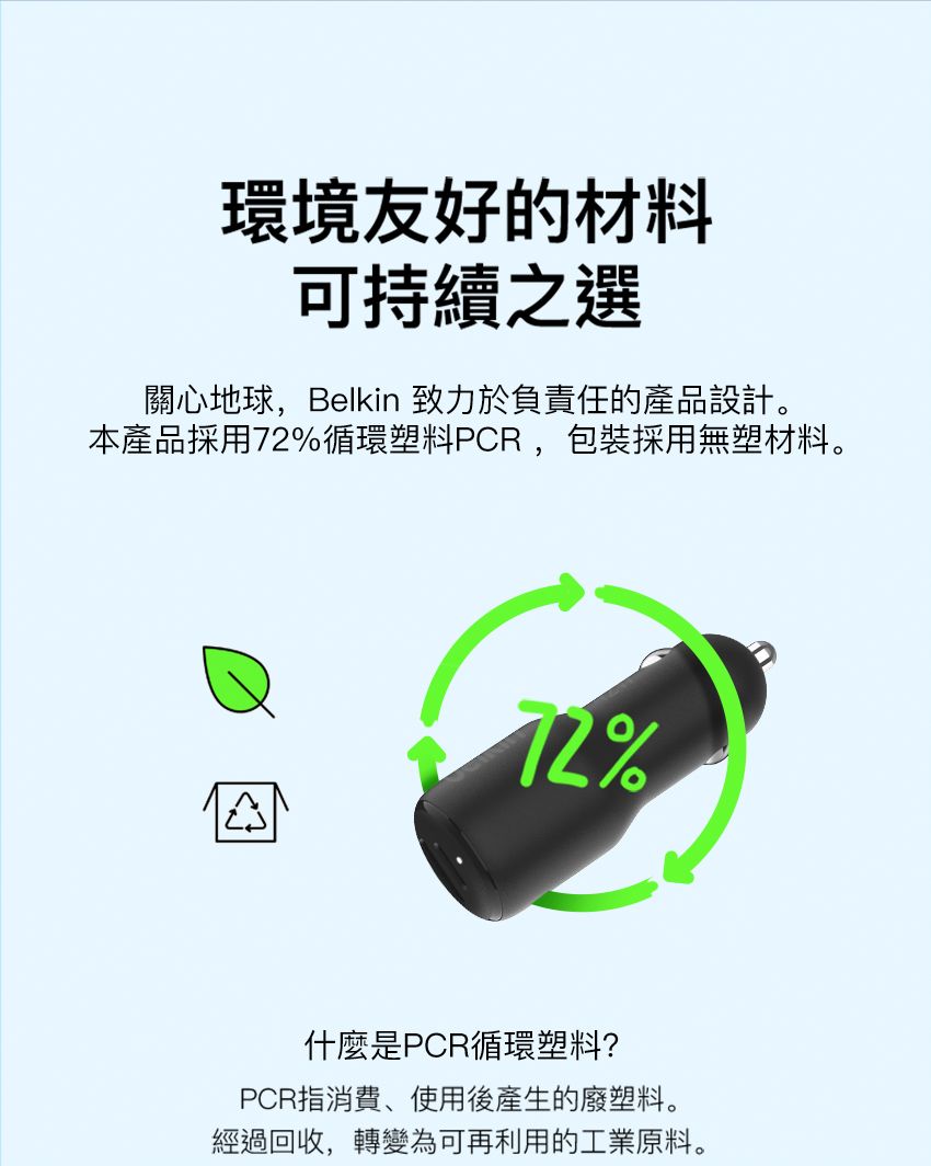 環境友好的材料可持續之選關心地球,Belkin 致力於負責任的產品設計。本產品採用%循環塑料PCR,包裝採用無塑材料。72%A什麼是PCR循環塑料?PCR指消費、使用後產生的廢塑料。經過回收,轉變為可再利用的工業原料。