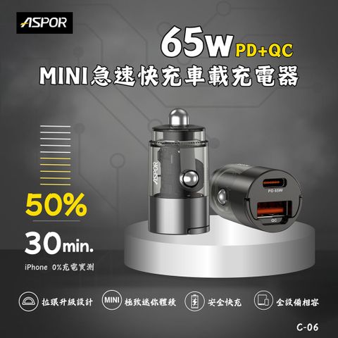 ASPOR 急速65W Mini快充PD+QC車載充電器(Type-C/USB-A)