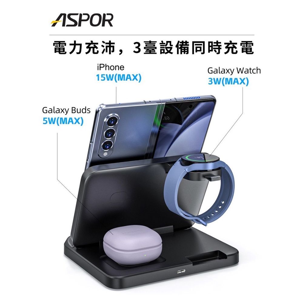 ASPOR  23W多功能寬版折疊無線充電座(手機/手錶/耳機)