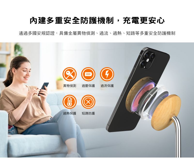 多重安全防護機制,充電更安心通過多國安規認證,具備金屬異物偵測、過流、過熱、短路等多重安全防護機制異物偵測 過壓保護 過流保護過熱保護 短路防護
