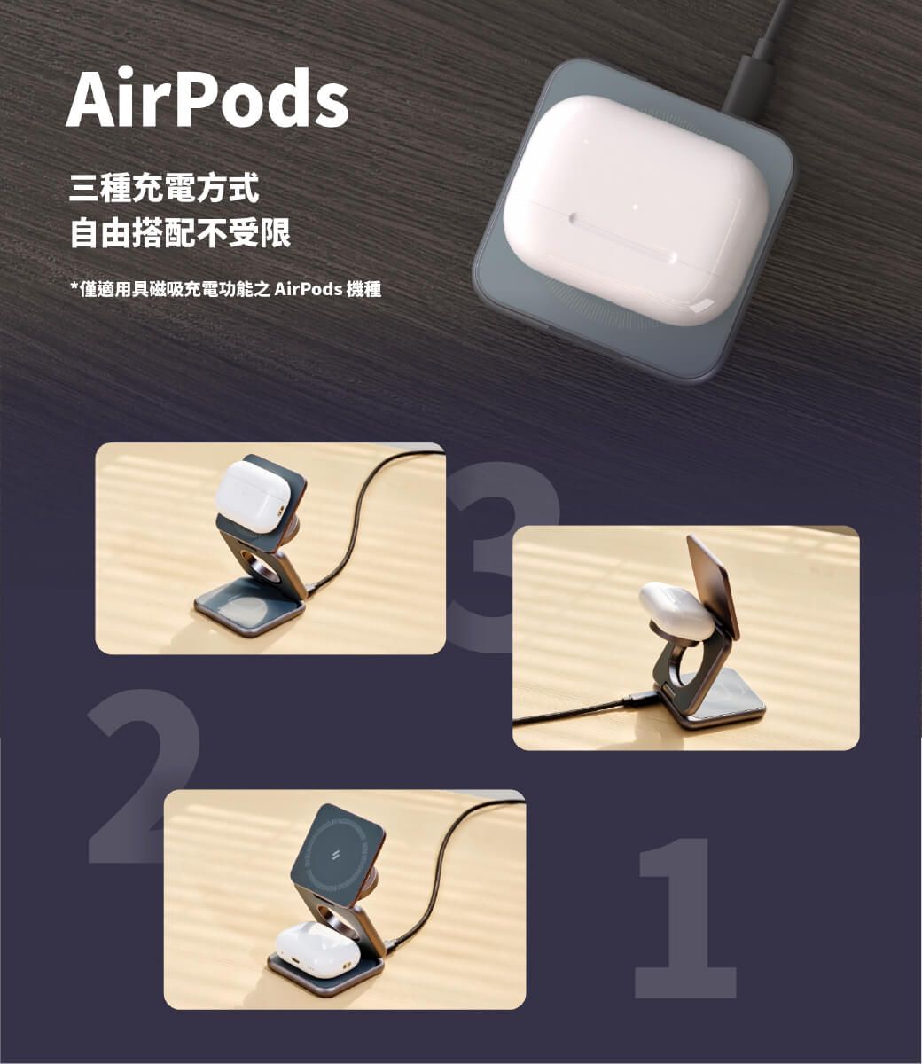 AirPods三種充電方式自由搭配不受限*僅適用具磁吸充電功能之 AirPods 機種1