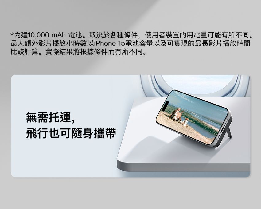 *內建10,000 mAh 電池。取決於各種條件,使用者裝置的用電量可能有所不同。最大額外影片播放小時數以iPhone 15電池容量以及可實現的最長影片播放時間比較計算。實際結果將根據條件而有所不同。無需托運,飛行也可隨身攜帶