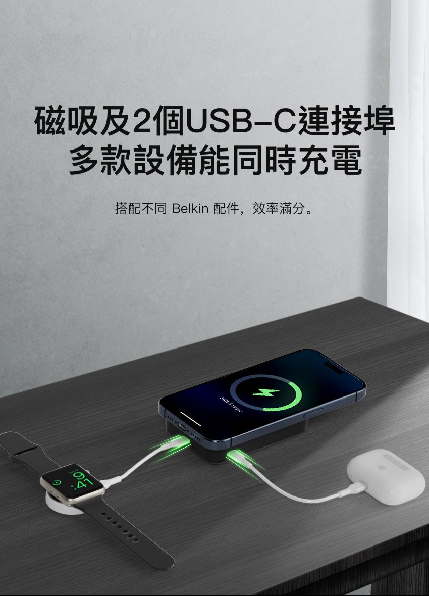 磁吸及2個USB連接埠多款設備能同時充電搭配不同 Belkin 配件,效率滿分。