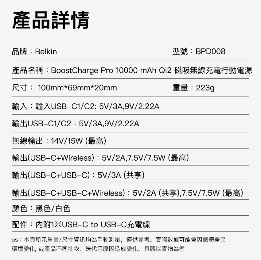 產品詳情品牌:Belkin型號:BPD008產品名稱:Boostharge Pro 10000 mAh Qi2 磁吸無線充電行動電源尺寸:100mm*69mm*20mm重量:223g輸入:輸入USB1/2:5V/3A9V/2.22A輸出USBC1/C2:5V/3A,9V/2.22A無線輸出:14V/15W (最高)輸出(USBC+Wireless): 5V/2A,7.5V/7.5W(最高)輸出(USBC+USBC):5V/3A (共享)輸出(USBC+USB-C+Wireless):5V/2A(共享),7.5V/7.5W (最高)顏色:黑色/白色配件:內附1米USB-C to USB-C充電線ps:本頁所示重量/尺寸資訊均為手動測量,僅供參考。實際數據可能會因個體差異環境變化,或產品不同批次、迭代等原因造成變化,具體以實物為準