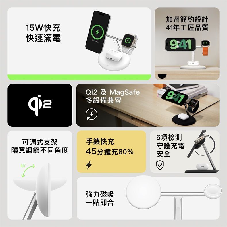 15W快充快速滿電加州簡約設計41年工匠品質Qi2 及MagSafe多設備兼容26項檢測可調式支架手錶快充守護充電隨意調節不同角度45分鐘充80%安全90強力磁吸一即合