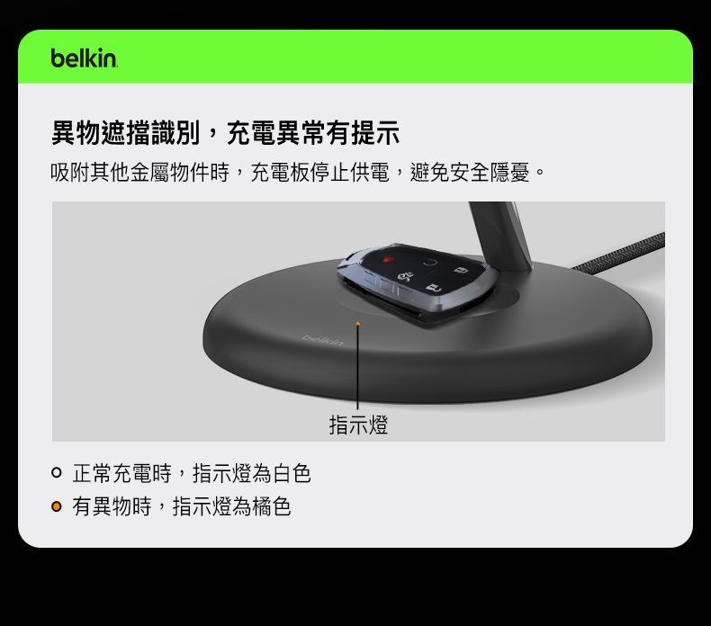 belkin異物遮擋識別,充電異常有提示吸附其他金屬物件時,充電板停止供電,避免安全隱憂。正常充電時,指示燈為白色有異物時,指示燈為橘色指示燈