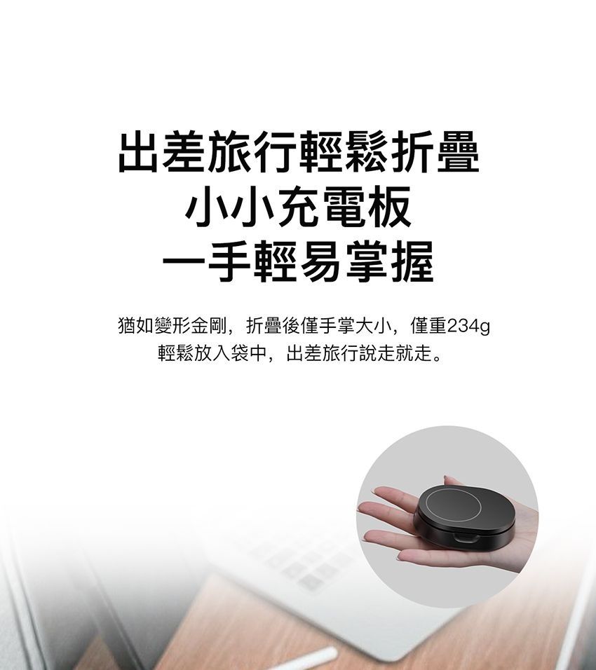 出差旅行輕鬆折疊小小充電板一手輕易掌握猶如變形金剛,折疊後僅手掌大小,僅重234g輕鬆放入袋中,出差旅行說走就走。