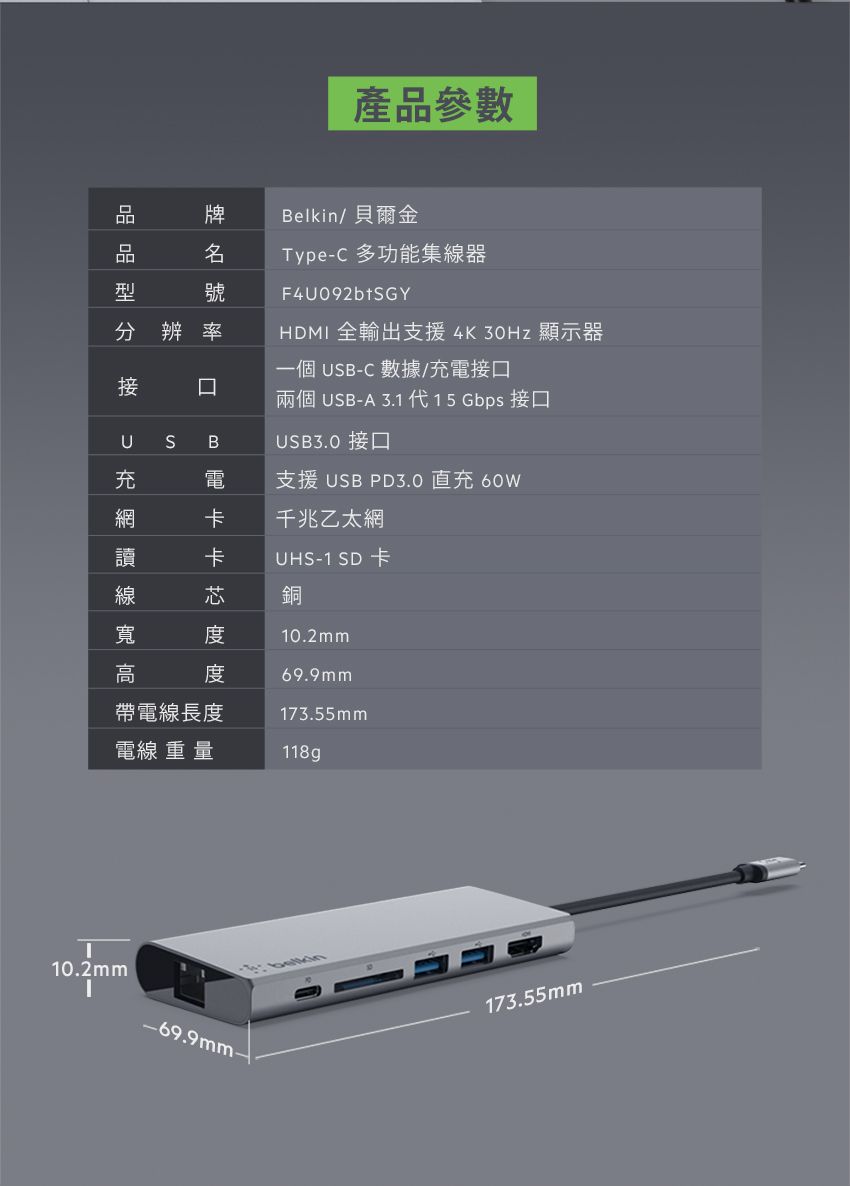 產品參數Belkin 貝爾金Type-C 多功能集線器F4092bGYHDMI 全輸出支援4K30Hz 顯示器分辨率一個USB-C 數據/接接口S兩個 USB-A 3.1 代 15 Gbps 接口UB電電充卡 線長度電線 重 173.55mm118g帶電USB3.0 接口支援 USB PD3.0 直充 60W千兆乙太網UHS-1 SD 卡銅10.2mm69.9mm10.2mm-69.9mm-173.55mm