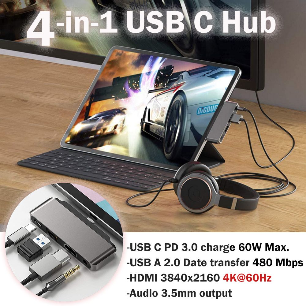 GoLF 4合一 輕量款 USB-C集線器HUB60W PDHDMI 4K支援 手機/平板/筆電