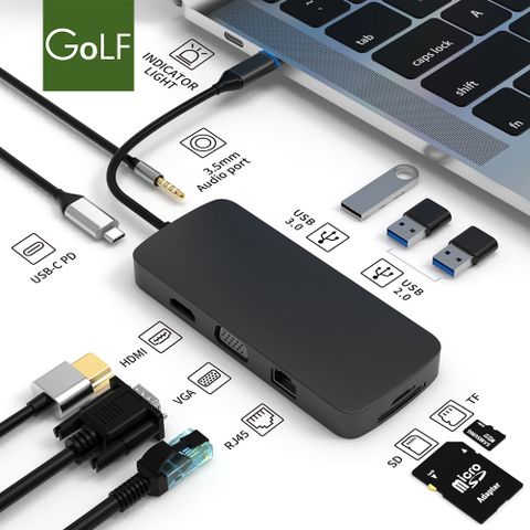 【Golf】10合一 極輕薄 集線器HUB (黑)100W PD、HDMI/VGA轉接、網路孔、USB/音源/讀卡槽