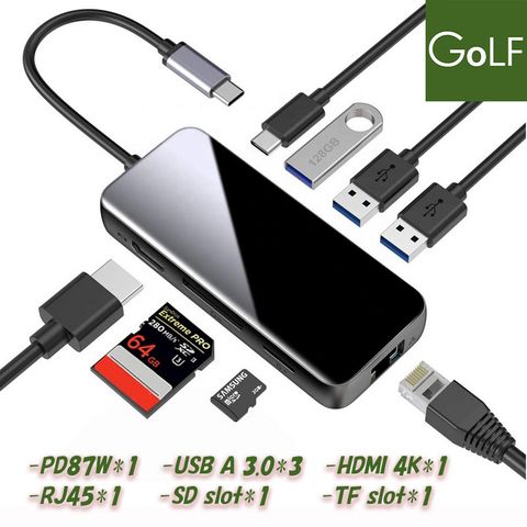 GoLF 8 in 1 USB C 鏡面款集線器-含網路孔