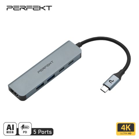 PERFEKT USB-C 5口便攜型多媒體集線器 Hub PD 充電 手機 平板 iPhone iPad Samsung