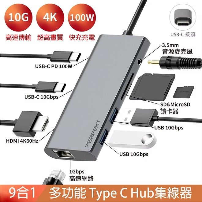 PERFEKT USB Type C 9合1 Hub 多功能集線器 網口 SD/TF 讀卡 PD快充 HDMI 4K60Hz (PT-C469) 筆電平板手機蘋果