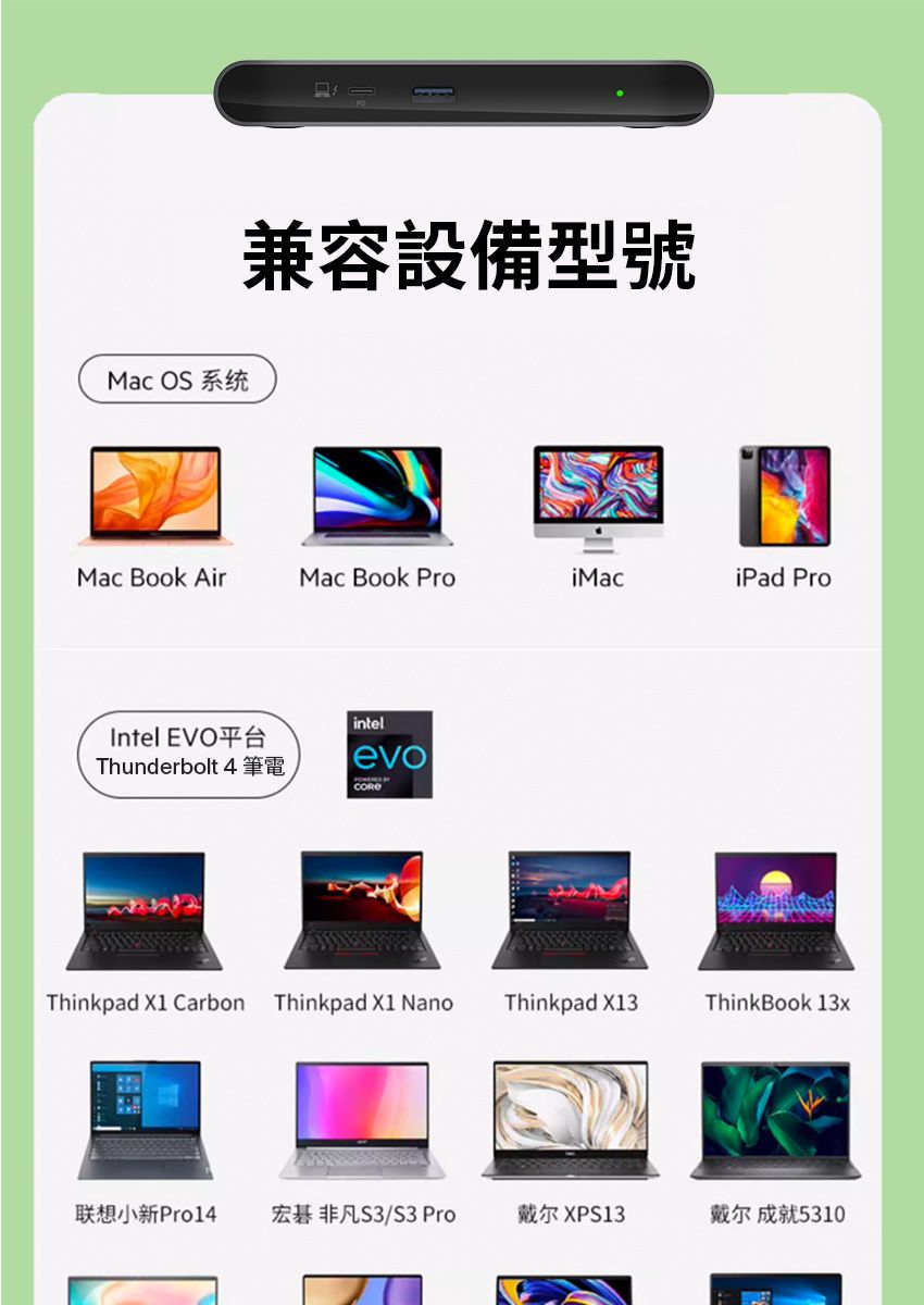 Mac OS 系统兼容設備型號Mac Book AirMac Book ProiMaciPad ProIntel EVO平台Thunderbolt 4筆電intelevoThinkpad  Carbon Thinkpad X1 NanoThinkpad X13ThinkBook 13x联想小新Pro14 宏碁非凡S3/S3 Pro戴尔XPS13戴尔成就5310