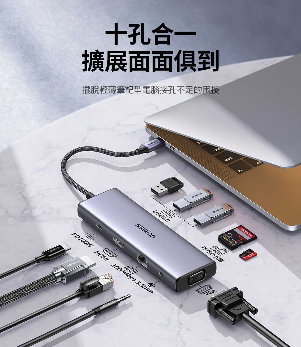 十孔合一擴展面面俱到擺脫輕薄筆記型電腦接孔不足的困擾capsUGREENshiftUSB3.0TF/SD卡槽PD100W HDMI 1000Mbps 3.5mmVGA