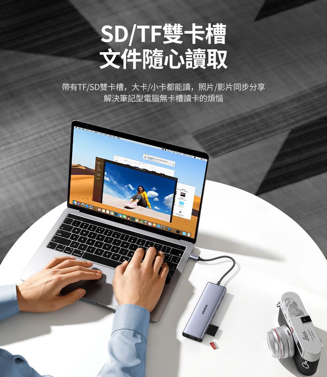 SD/雙卡槽文件隨心讀取帶有TF/SD雙卡槽,大卡/小卡都能讀,照片/影片同步分享解決筆記型電腦無卡槽讀卡的煩惱DFTGREEN