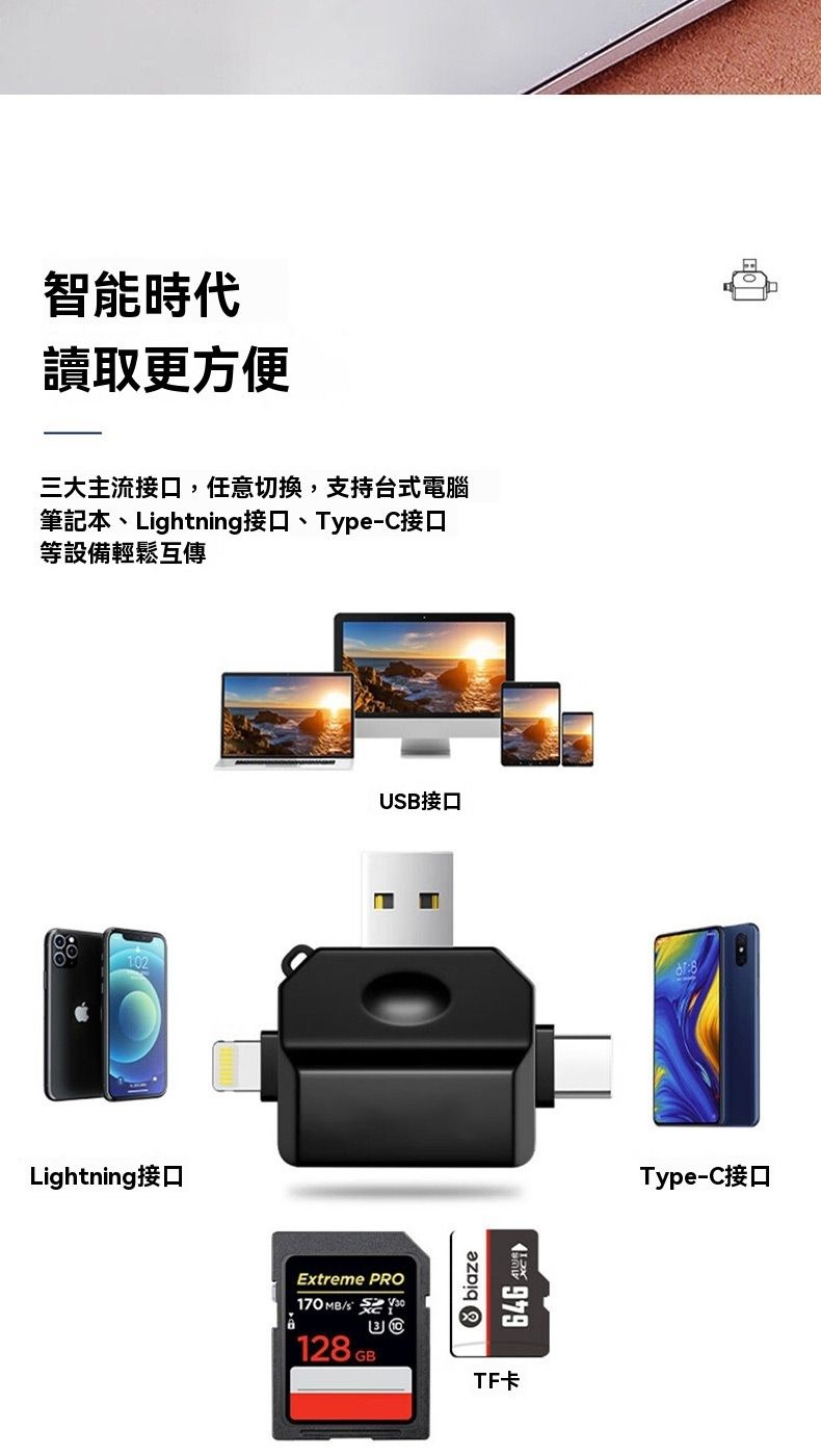 智能時代讀取更方便三大主流接口,任意切換,支持台式電腦筆記本、Lightning接口、Type-C接口等設備輕鬆互傳102Lightning接口USB接口Extreme PRO170 MB/12GBbiaze979TF卡8Type-C接口