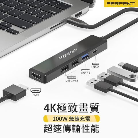 PERFEKT USB Type C 6合1Hub 多功能集線器 高速乙太網路 USB3.2 PD快充 HDMI 4K60Hz (PT-U3LC5A)