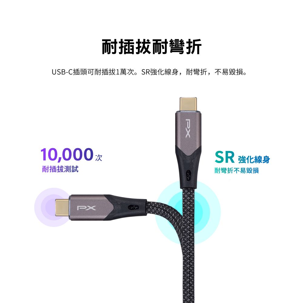 耐插拔耐彎折USB-C插頭可耐插拔1萬次。強化線身,耐彎折,不易毀損。10,000耐插拔測試PXPXSR 強化線身耐彎折不易毀損