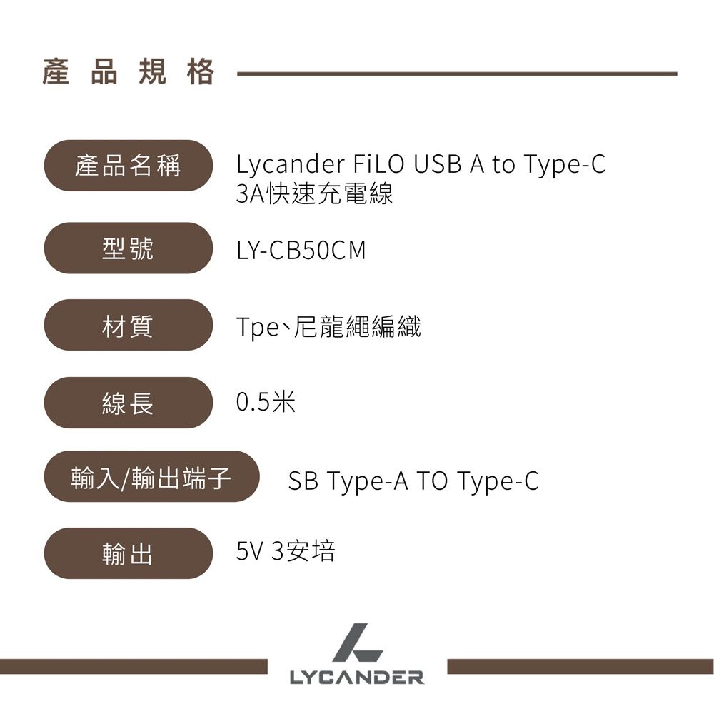  【Lycander】 FiLO USB A to Type-C 3A快速充電線_120CM