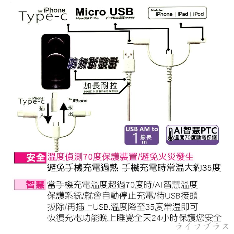 一品川流 溫度保護斷電 蘋果三合一手機充電線-1M (快充線)