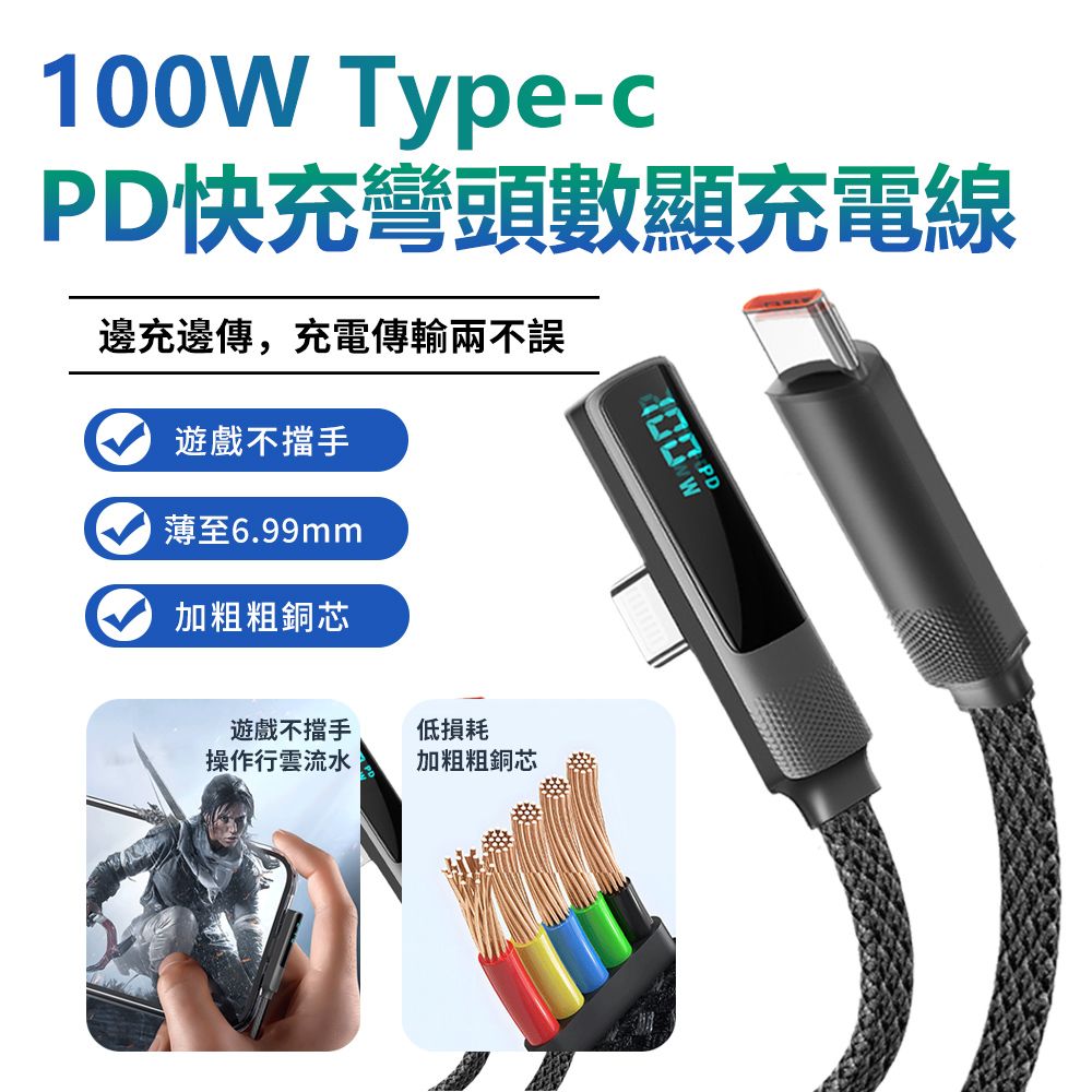 Sily 100W 雙Type-c傳輸線 PD快充彎頭數顯充電線 編織線 支援iPhone16/15/安卓