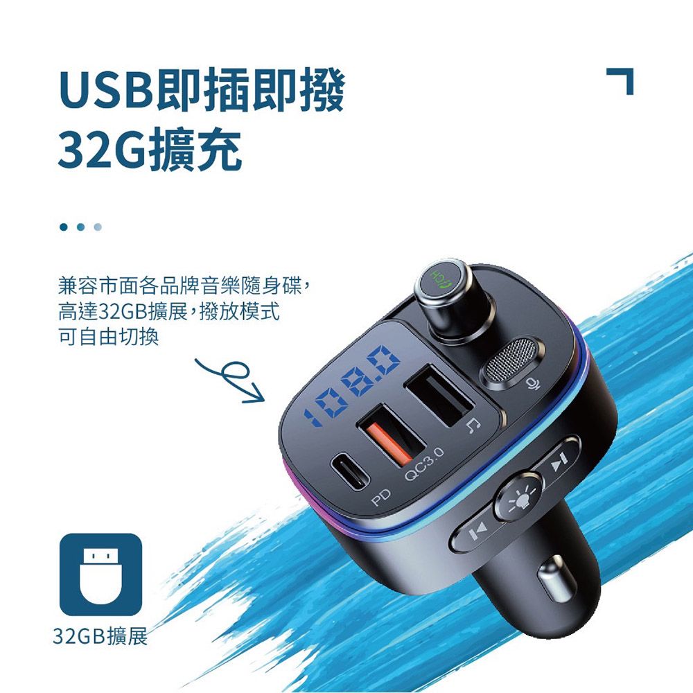 SONGWIN 尚之宇 PD+QC3.0 LED藍牙免持車用播放器/雙USB車充-手機音樂撥放器