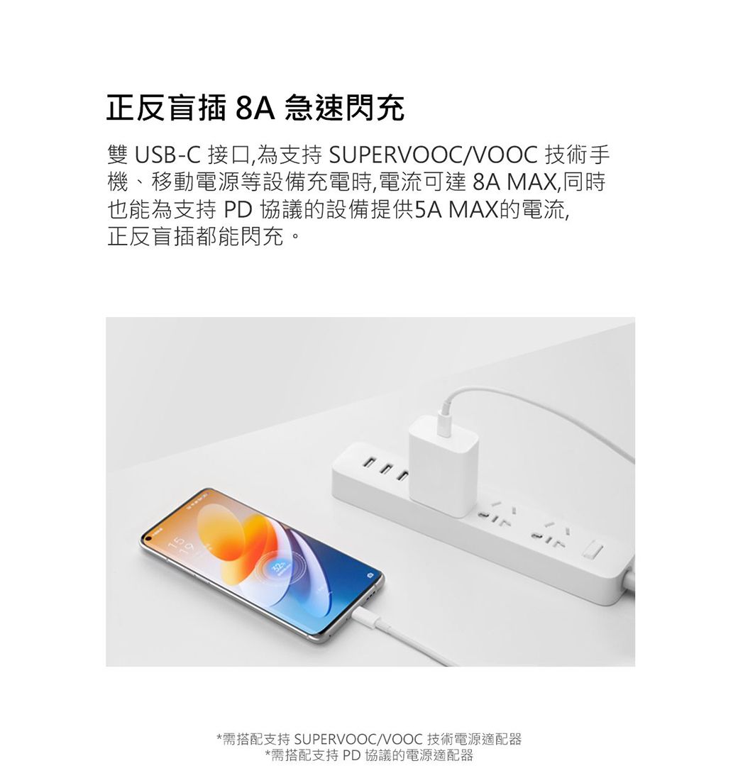 正反盲插 8A 急速閃充 USB-C 接口為支持 SUPERVOOCVOOC 技術手機、移動電源等設備充電時,電流可達8A MAX,同時也能為支持 PD 協議的設備提供5A MAX的電流,正反盲插都能閃充。/*需搭配支持 SUPERVOOC/VOOC 技術電源適配器*需搭配支持 PD協議的電源適配器