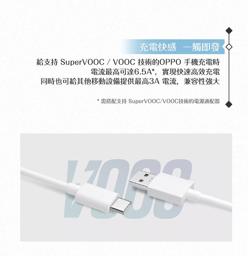 充電快感 一觸即發給支持 SuperVOOC/VOOC技術的OPPO 手機充電時電流最高可達6.5A,實現快速高效充電同時也可給其他移動設備提供最高3A電流,兼容性強大*搭配支持 SuperVOOC/VOOC技術的電源適配器