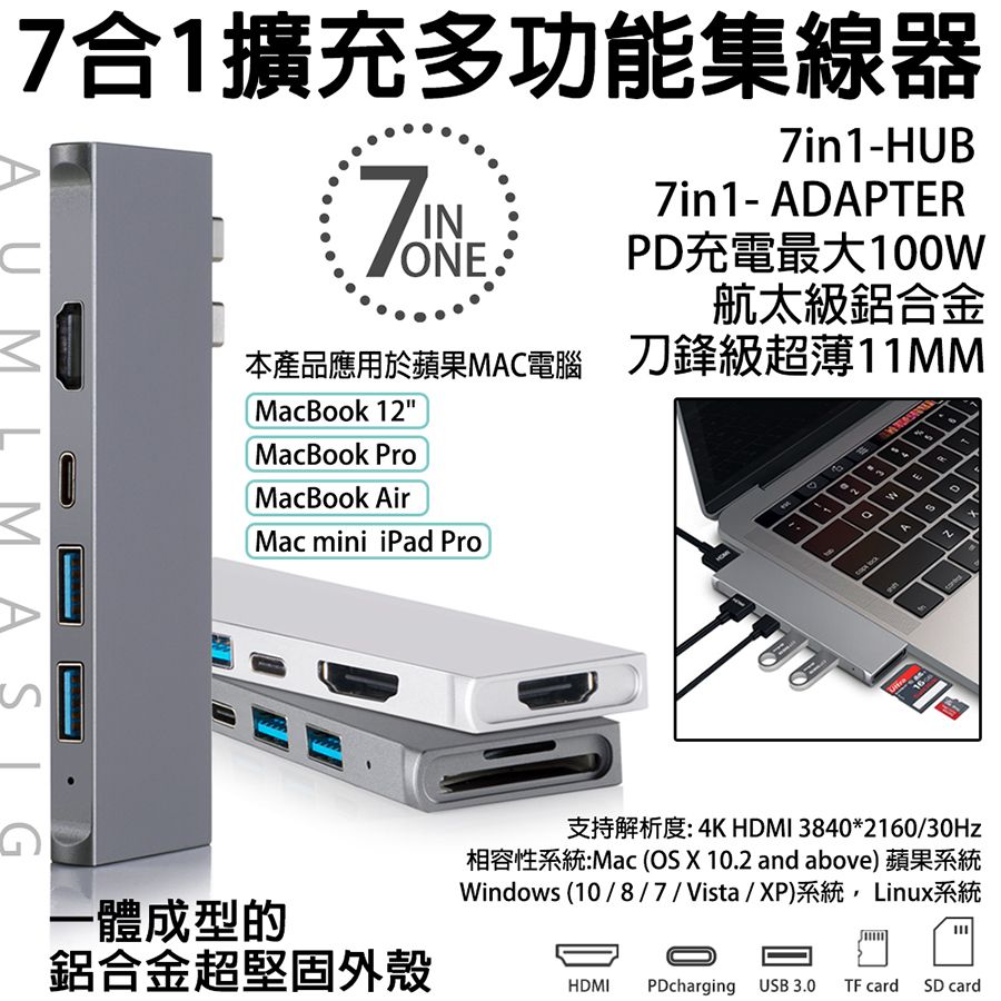  【AUMLMASIG】MAC 7in1-HUB PD HDMI多功能擴充集線器/USB-C/刀鋒級超薄11MM/一體化CNC鋁合金/ MacBook PRO/ MacBook Air/Mac mini/iPad Pro