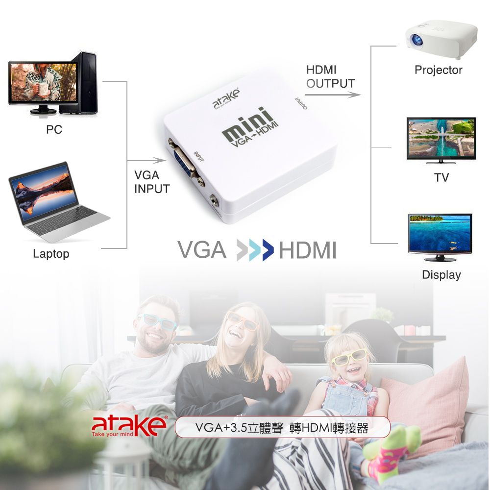 PCLaptopVGAINPUTINPUTatakeminiVGAHDMIOUTPUTHDMIOUTPUTProjectorVGA HDMIatakeVGA+3.5立體聲 轉HDMI轉接器Take your mindTVDisplay