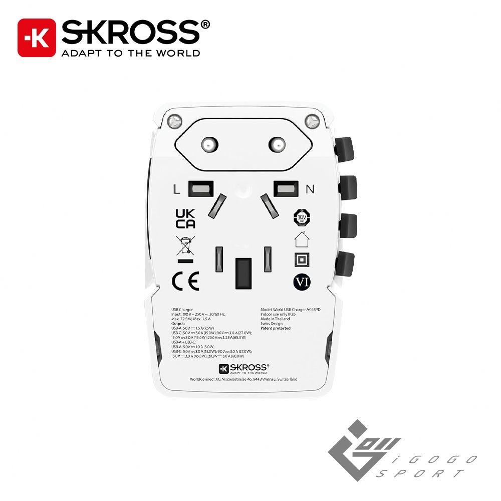 Skross 瑞士 65W Type-C/USB PD 旅行萬國插頭氮化鎵充電器(1A1C)