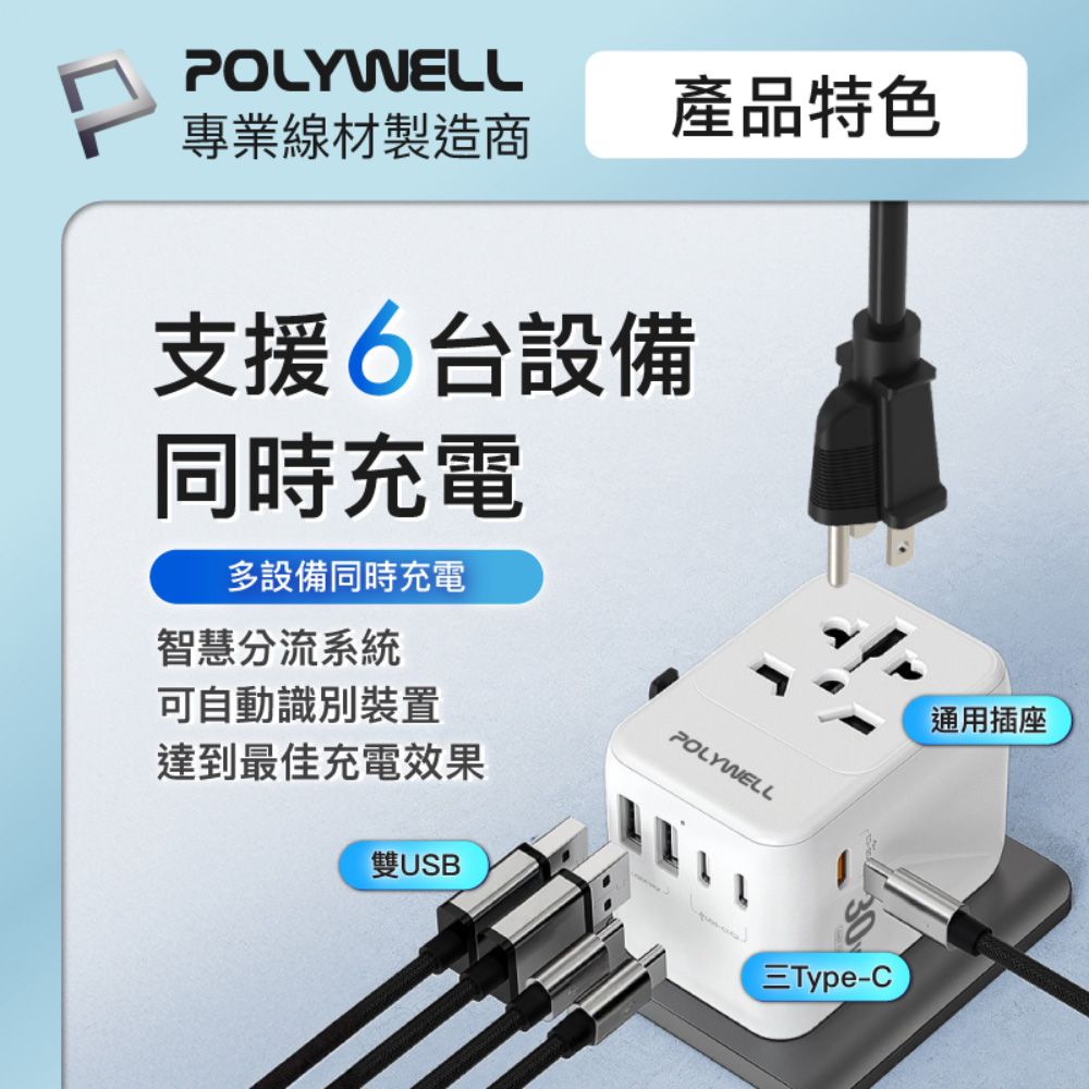 POLYWELL專業線材製造商產品特色支援6台設備同時充電多設備同時充電智慧分流系統可自動識別裝置達到最佳充電效果雙USBPOLYWELL三Type-C通用插座