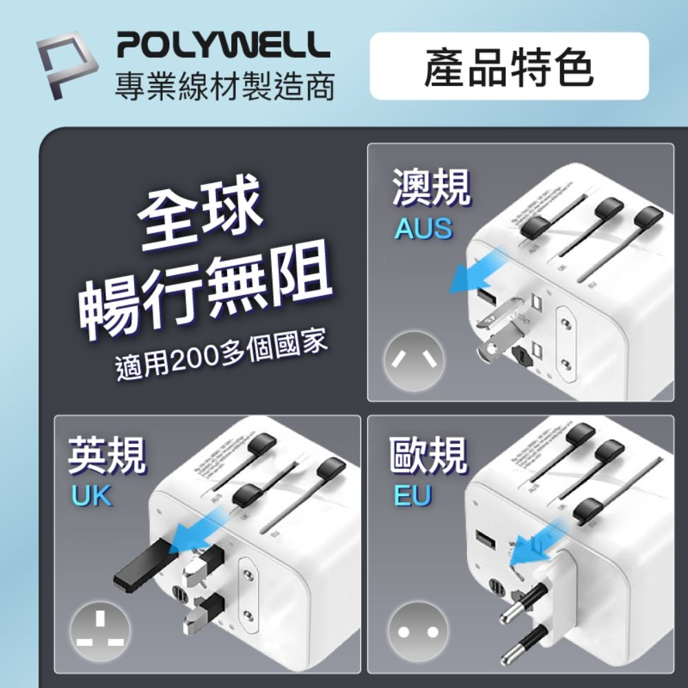 POLYWELL專業線材製造商全球暢行無阻適用200多個國家英規UK產品特色澳規AUS歐規EU