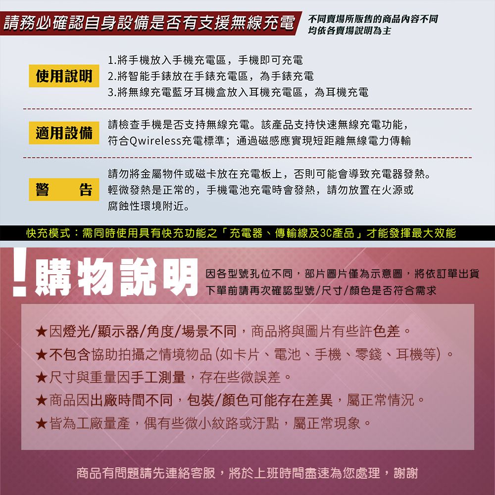 請務必確認自身設備是否有支援無線充電 販售的商品內容不同1.將手機放入手機充電區,手機即可充電使用說明 2.將智能手錶放在手錶充電區,為手錶充電均依各賣場說明為主3.將無線充電藍牙耳機盒放入耳機充電區,為耳機充電適用設備請檢查手機是否支持無線充電。該產品支持快速無線充電功能,符合Qwireless充電標準;通過磁感應實現短距離無線電力傳輸請勿將金屬物件或磁卡放在充電板上,否則可能會導致充電器發熱。警 告 輕微發熱是正常的,手機電池充電時會發熱,請勿放置在火源或腐蝕性環境附近。快充模式:需同時使用具有快充功能之「充電器、傳輸線及3C產品」才能發揮最大效能購物說明因各型號孔位不同,部片圖片僅為示意圖,將依訂單出貨下單前請再次確認型號/尺寸/顏色是否符合需求因燈光/顯示器/角度/場景不同,商品將與圖片有些許色差。★不包含協助拍攝之情境物品(如卡片、電池、手機、零錢、耳機等)。★尺寸與重量因手工測量,存在些微誤差。★商品因出廠時間不同,包裝/顏色可能存在差異,屬正常情況。★皆為工廠量產,偶有些微小紋路或汙點,屬正常現象。商品有問題請先連絡客服,將於上班時間盡速為您處理,謝謝