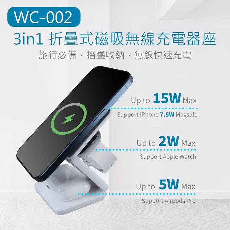 WC-0023in1 折疊式磁吸無線充電器座旅行必備,摺疊收納,無線快速充電Up to 15W MaxSupport iPhone 7.5W MagsafeUp to 2W MaxSupport Apple WatchUp to 5W MaxSupport Airpods Pro