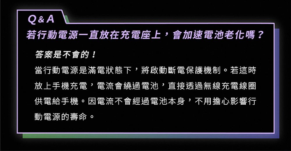 Q&A若行動電源一直放在充電座上,會加速電池老化嗎?答案是不會的!當行動電源是滿電狀態下,將啟動斷電保護機制。若這時放上手機充電,電流會繞過電池,直接透過無線充電線圈供電給手機。因電流不會經過電池本身,不用擔心影響行動電源的壽命。