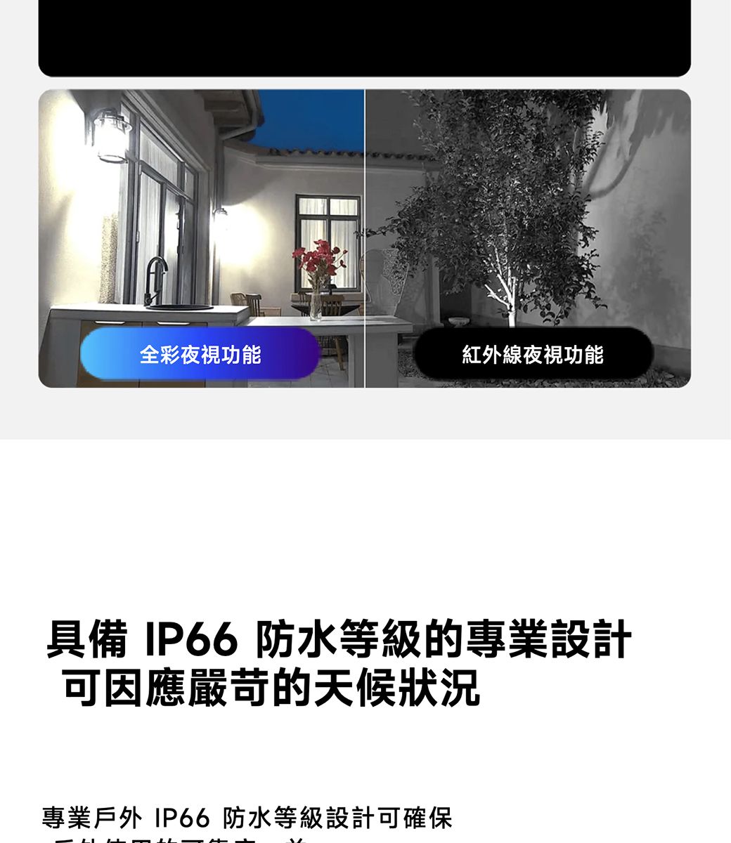 全彩夜視功能紅外線夜視功能具備 IP66 防水等級的專業設計可因應嚴苛的天候狀況專業戶外 IP66防水等級設計可確保