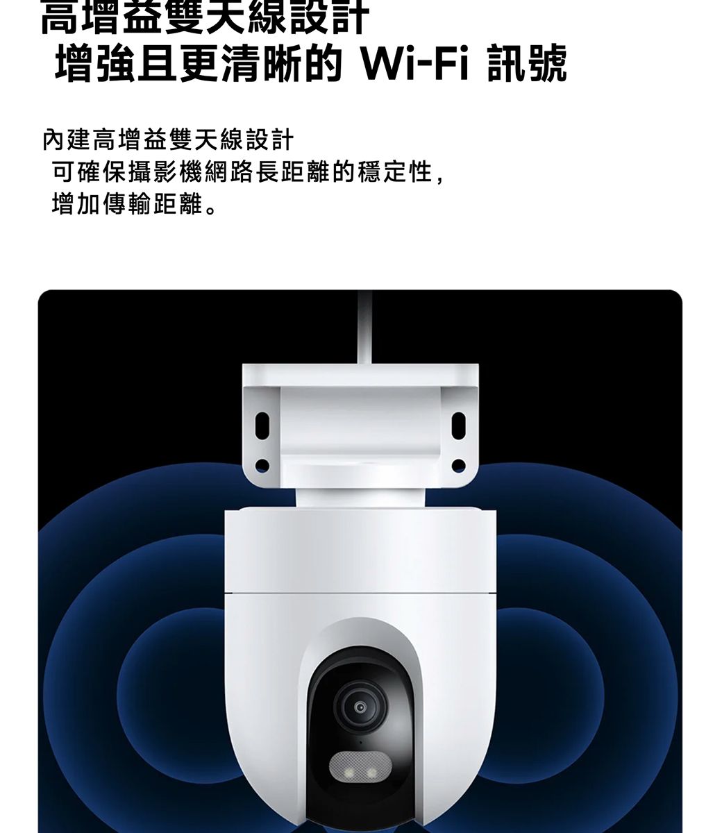 高增益雙天線設計增強且更清晰的 Wi-Fi 訊號內建高增益雙天線設計可確保攝影機網路長距離的穩定性,增加傳輸距離。